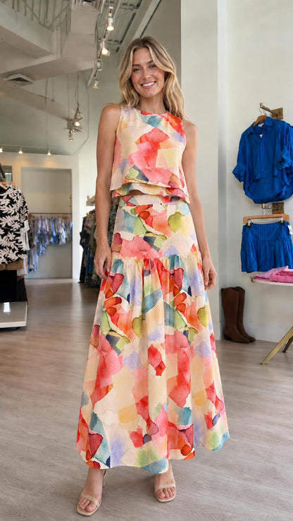 Peach multi color variant of two-piece maxi set