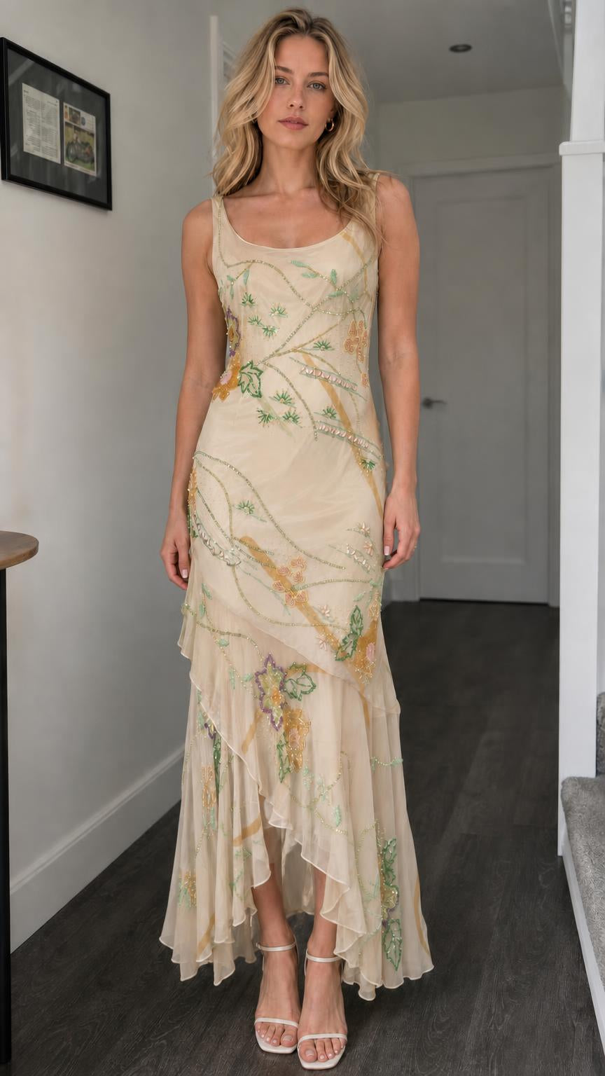 Front view of champagne floral beaded mesh maxi dress