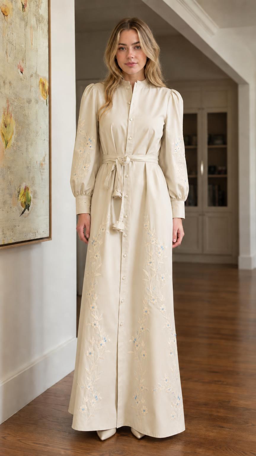 Front view of cream floral embroidered maxi dress