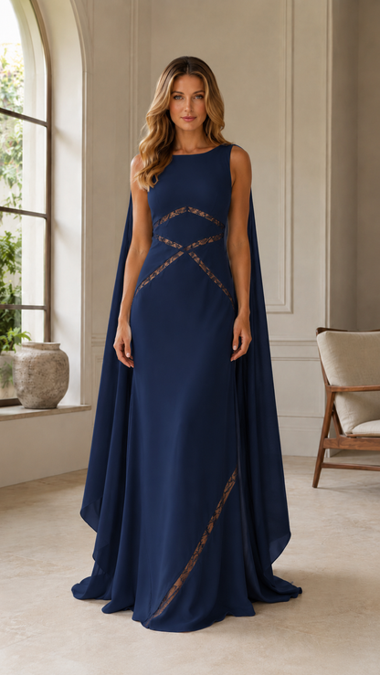 Navy blue elegant evening gown with cape sleeves and shimmer waist design