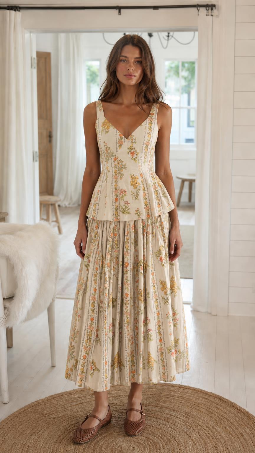 Model wearing cream floral print matching set