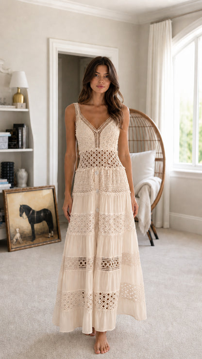 Front view of beige tiered crochet maxi dress