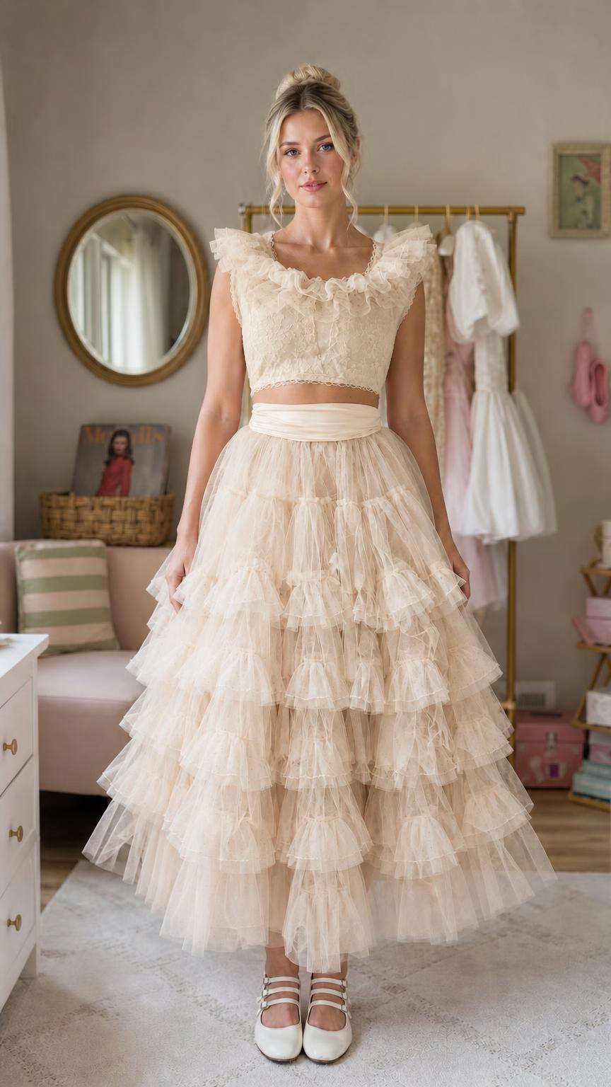Front view of champagne ruffled tulle two-piece dress