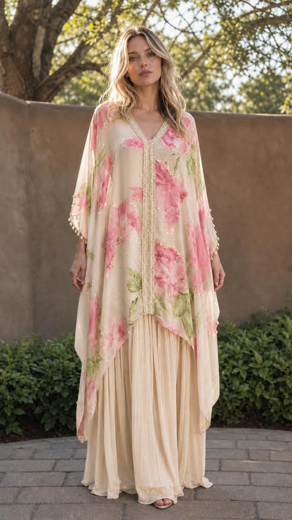 Model wearing champagne floral print maxi kaftan dress
