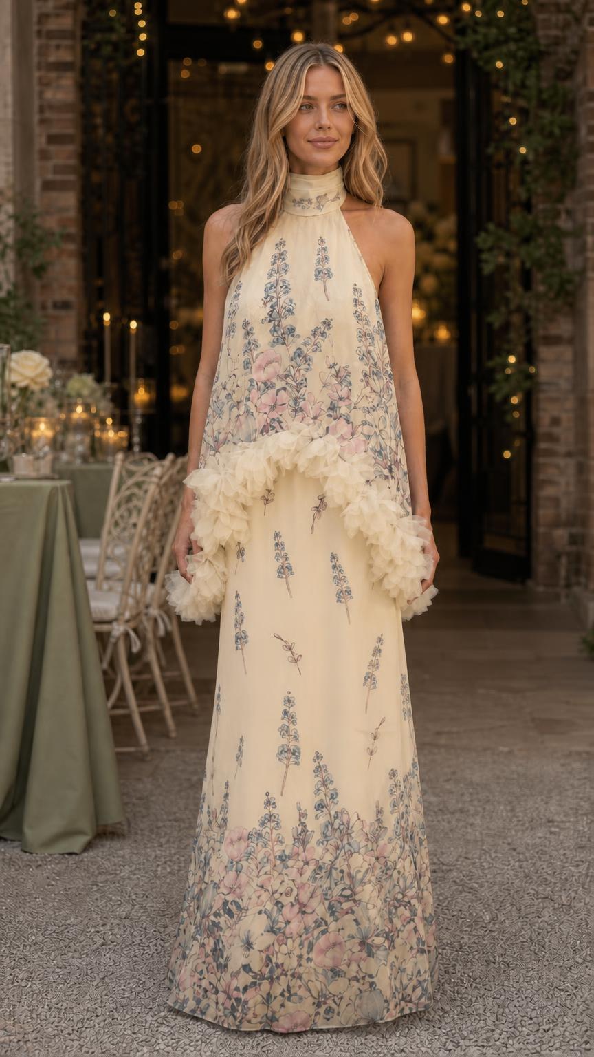 Model wearing cream floral print ruffled halter maxi dress