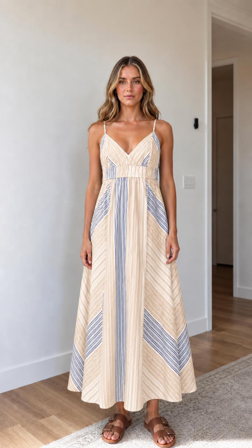 Front view of beige striped maxi dress