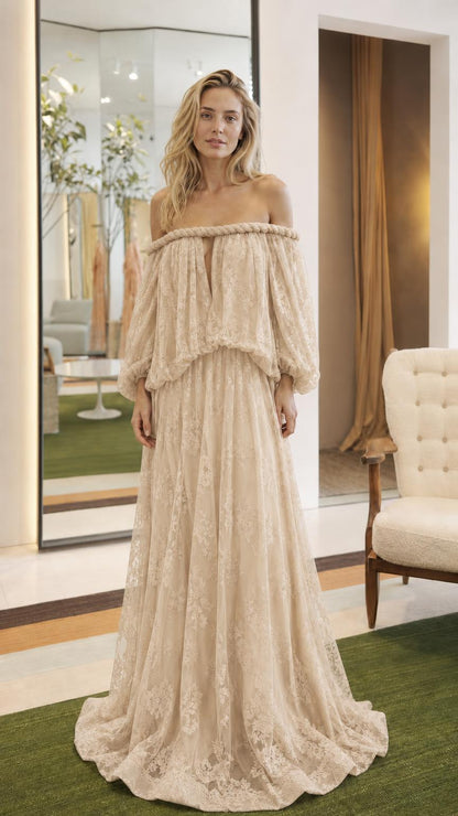 Front view of beige off-the-shoulder lace maxi dress