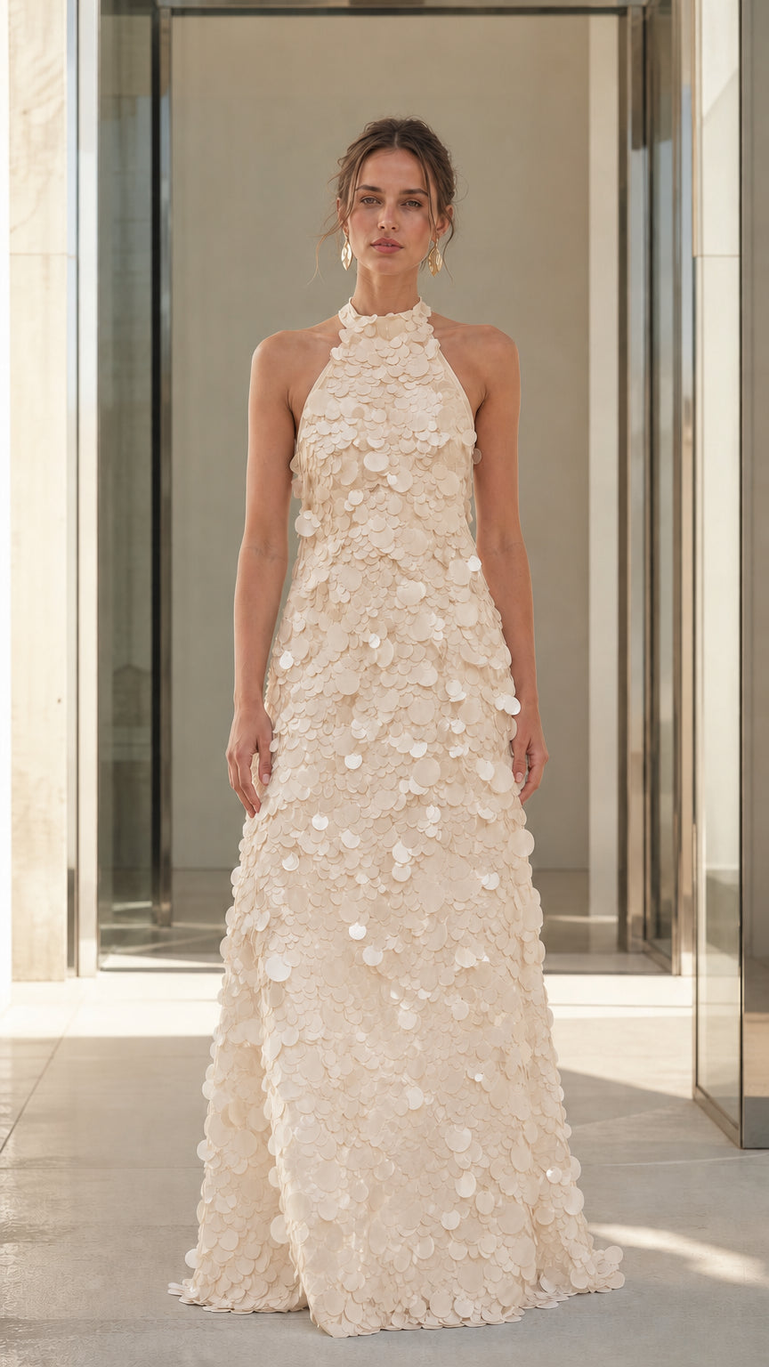 Full view of Champagne 3D floral applique halter maxi dress