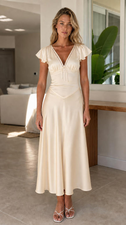 Front view of model wearing champagne midi dress