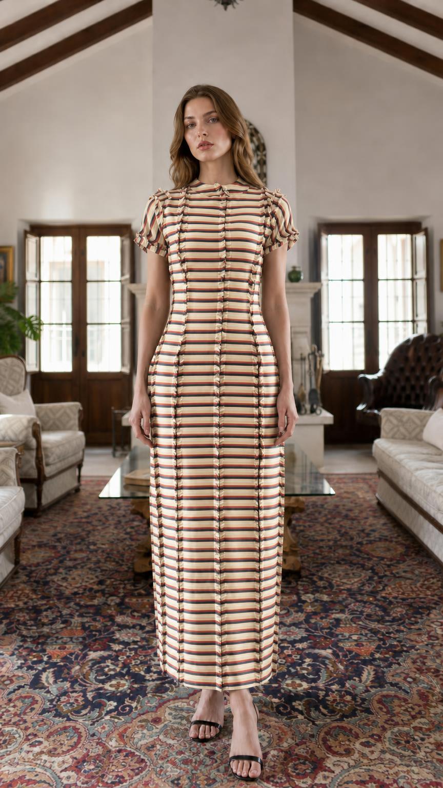 Model wearing khaki striped maxi dress variant