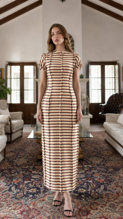 Model wearing khaki striped maxi dress variant