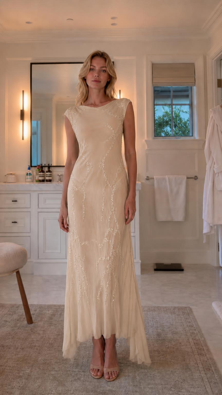 Front view of model wearing champagne sequin maxi dress