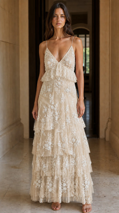 Front view of champagne embroidered tulle tiered maxi dress