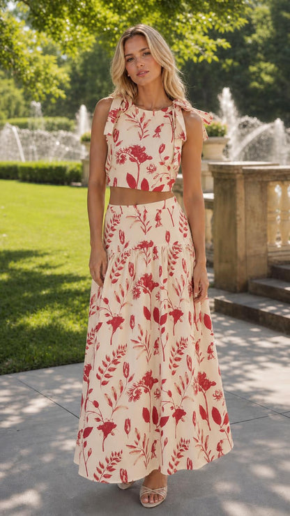 Woman wearing cream floral two-piece set outdoors