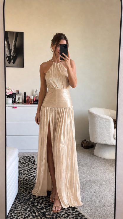Metallic champagne halter pleated maxi dress with high slit