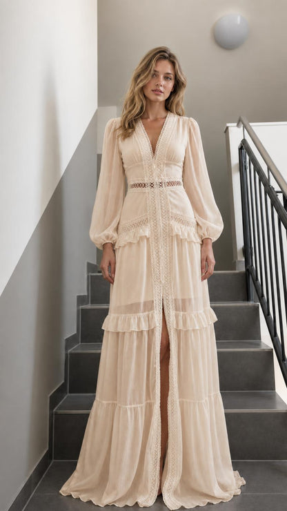 Front view of Champagne V-Neck Long Sleeve Ruffle Tiered Maxi Dress