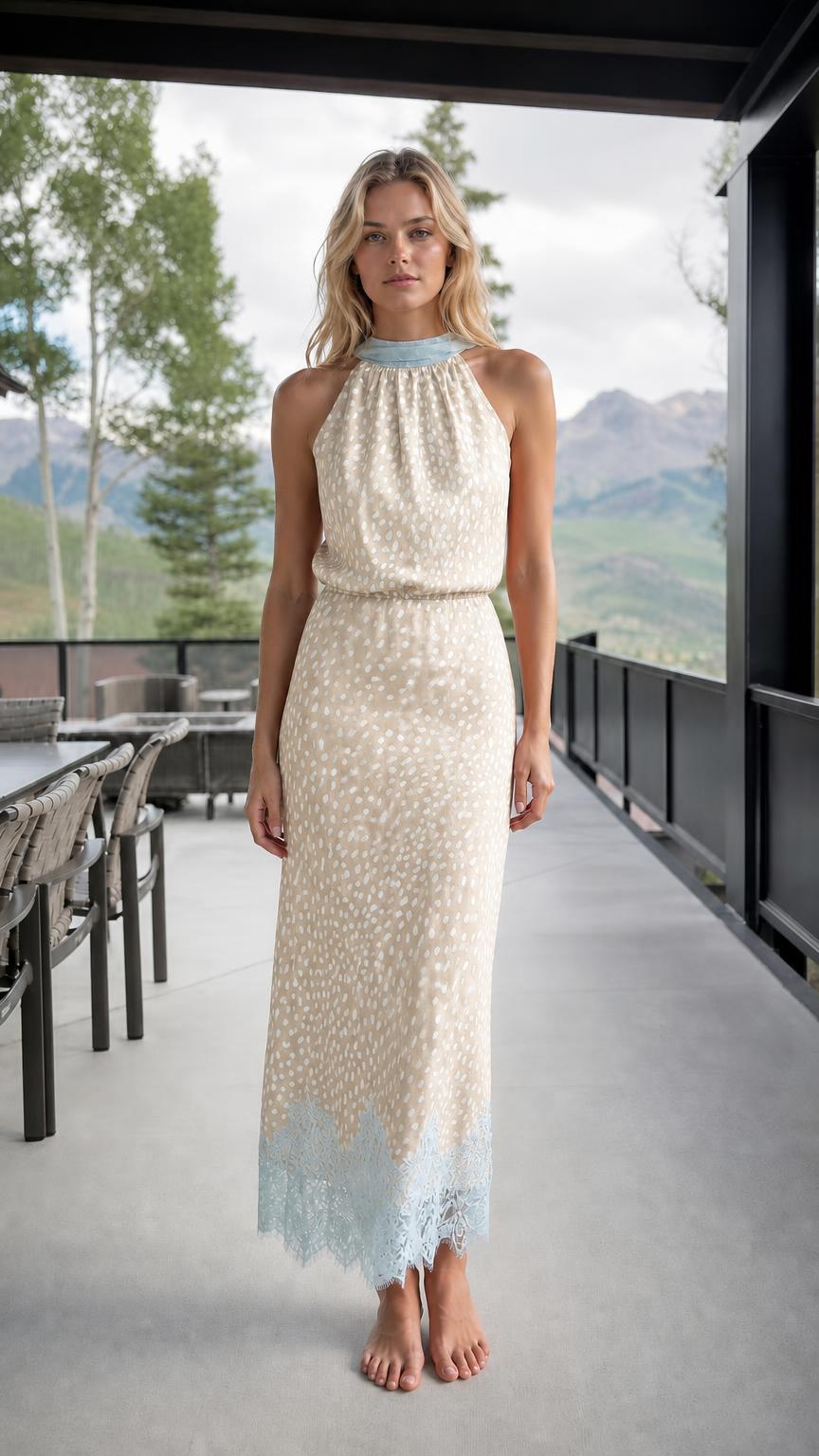 Front view of beige printed halter neck maxi dress