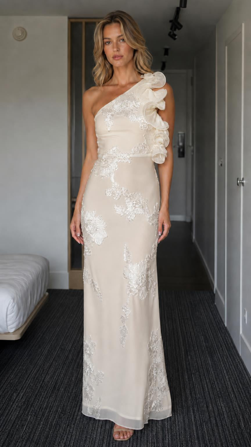 Front view of champagne one-shoulder gown