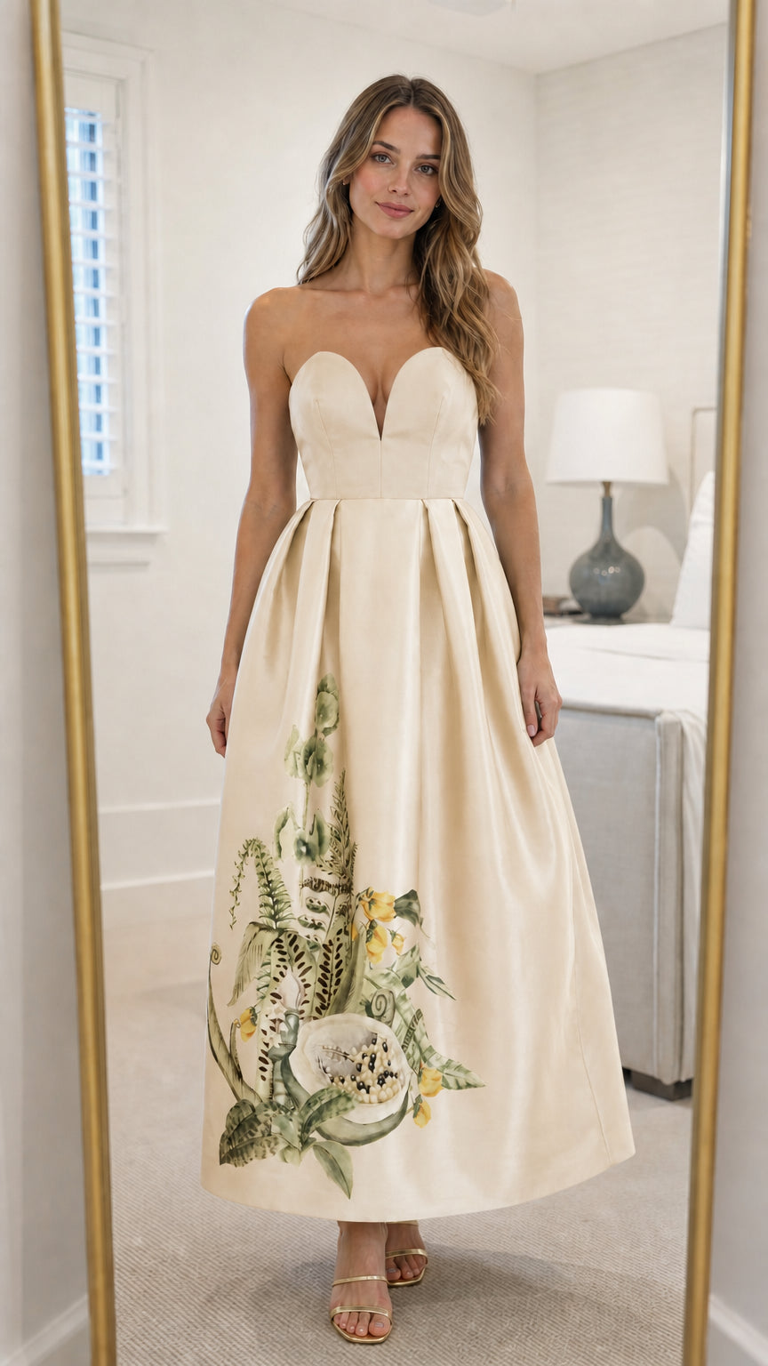 Front view of champagne strapless floral embroidered maxi dress