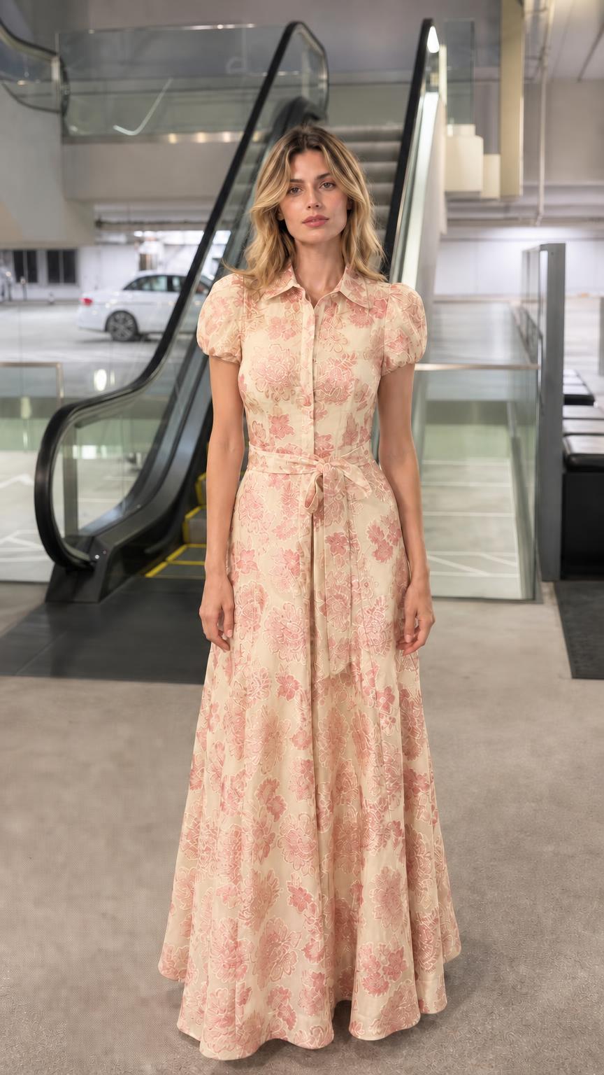 Front view of woman wearing champagne floral jacquard maxi shirt dress
