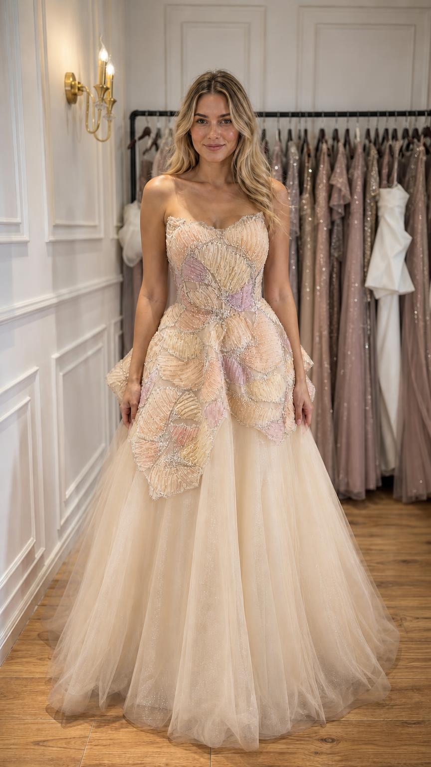 Woman wearing champagne strapless beaded tulle ball gown