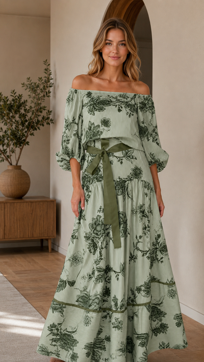 Sage green off-shoulder floral maxi dress with self-tie waist front view
