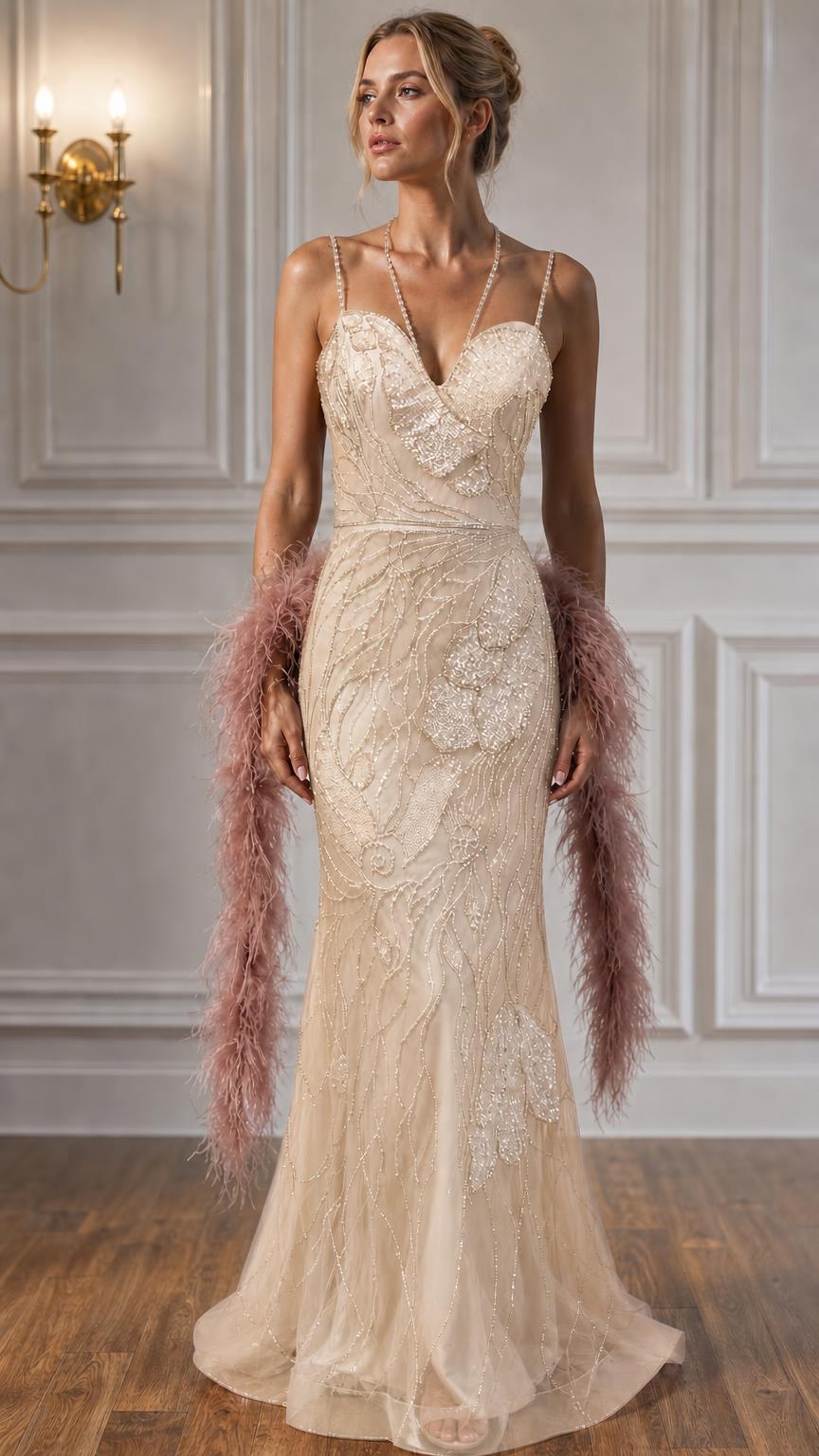Model wearing champagne beaded evening gown