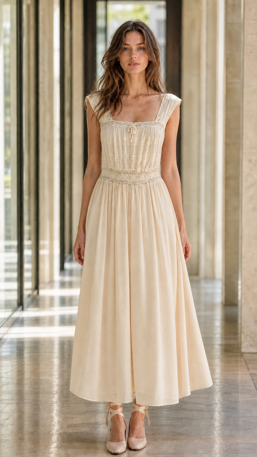 Front view of model wearing cream midi dress