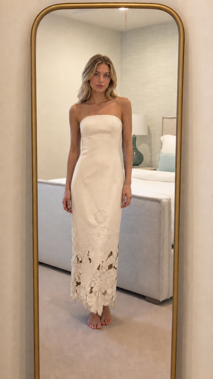 Ivory strapless floral laser-cut maxi dress