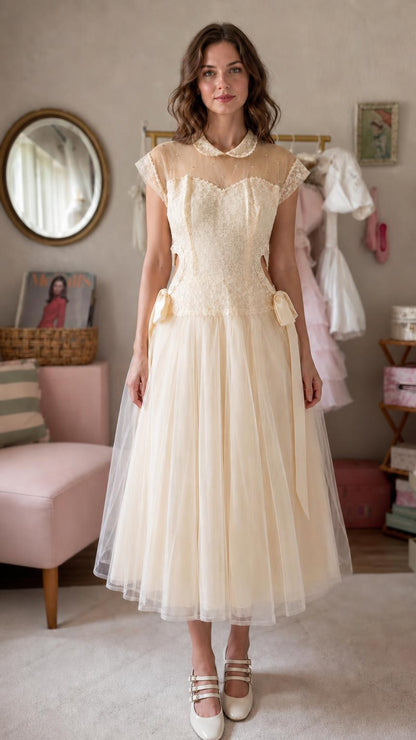 Vintage lace and tulle midi dress in champagne