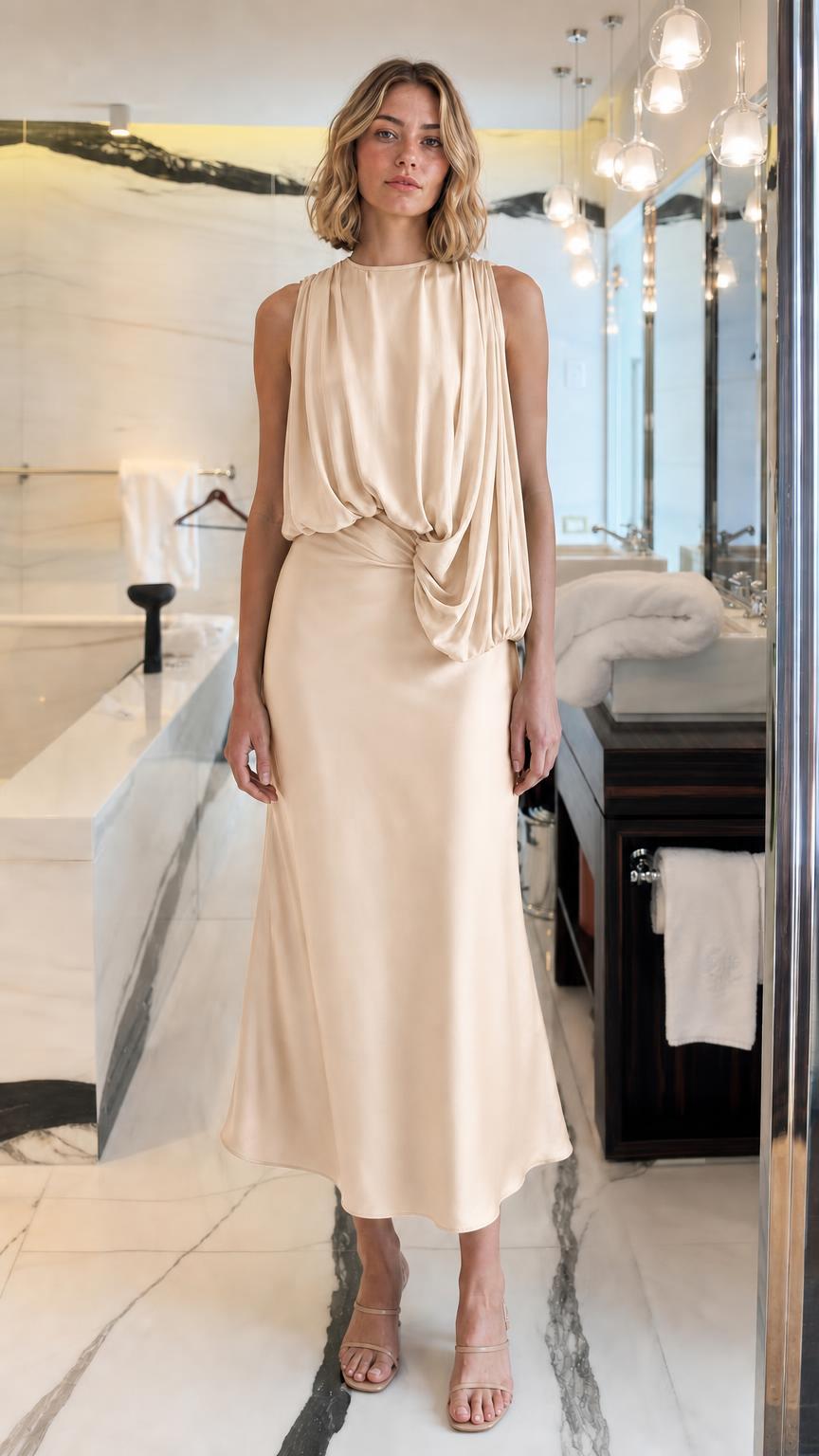 Front view of woman wearing Beige draped midi dress