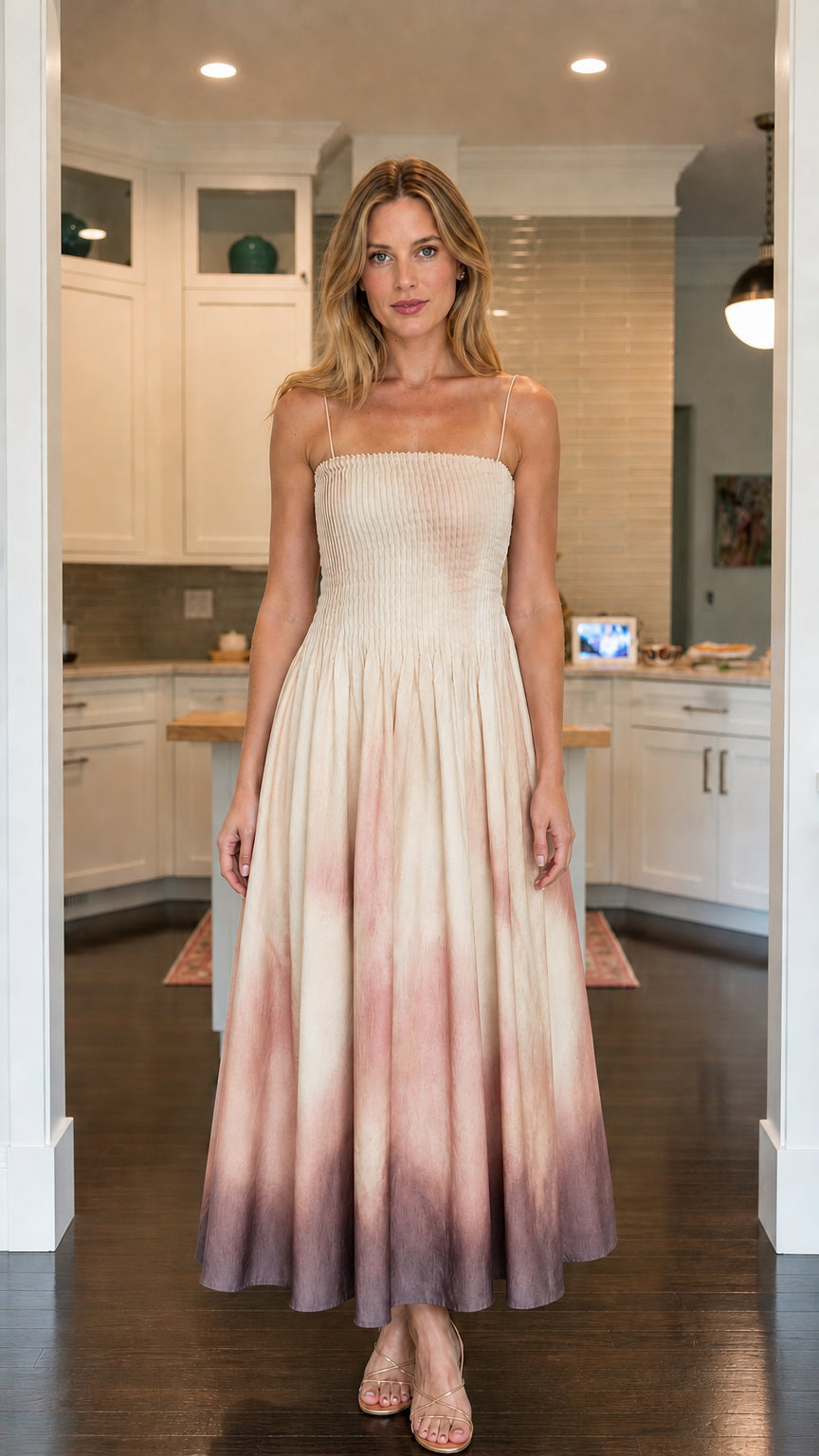 Model wearing beige ombre smocked maxi dress