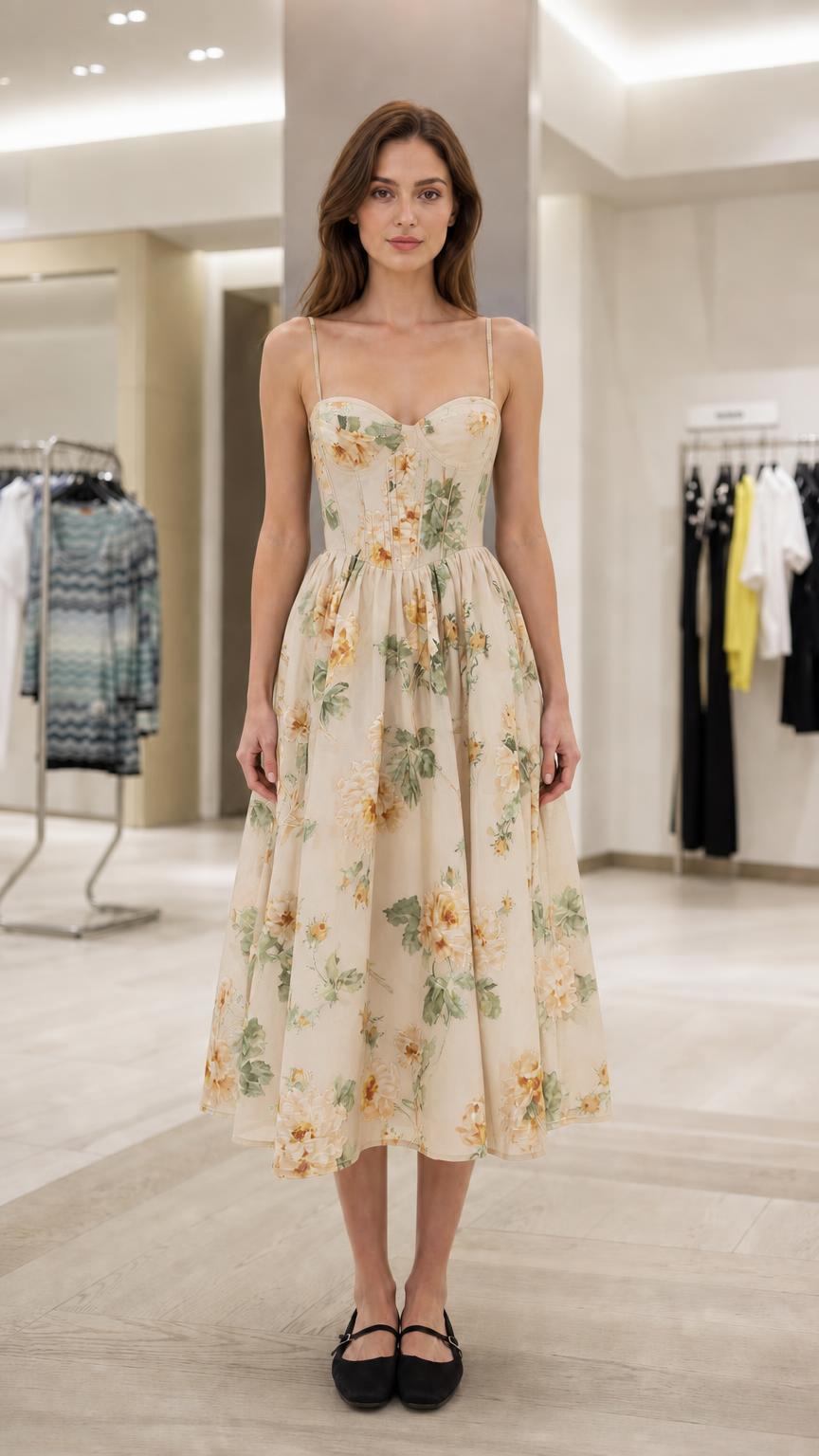 Front view of beige floral corset midi dress