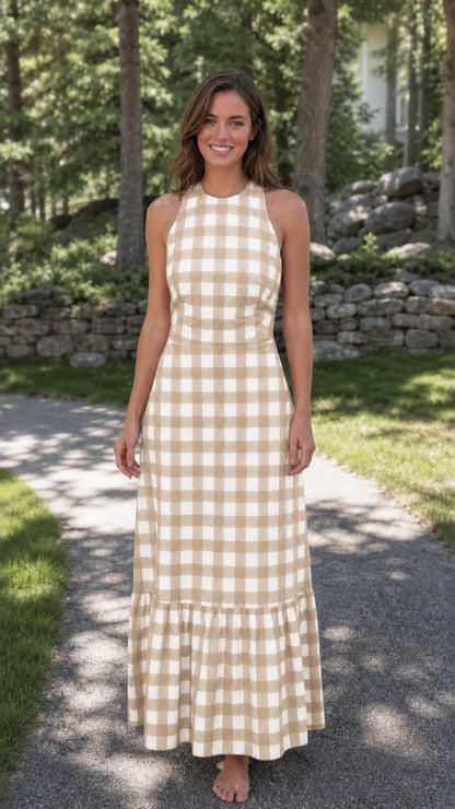 Front view of woman wearing khaki gingham maxi dress