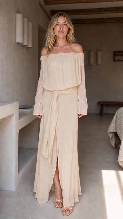 Front view of beige off-the-shoulder chiffon maxi dress