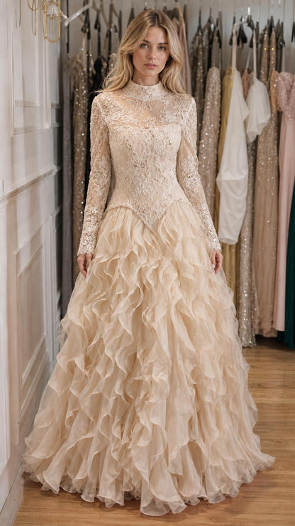 Front view of champagne long-sleeve lace evening gown