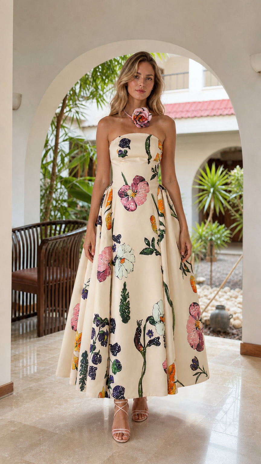 Model wearing ivory floral strapless midi dress
