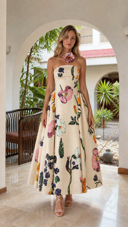 Model wearing ivory floral strapless midi dress