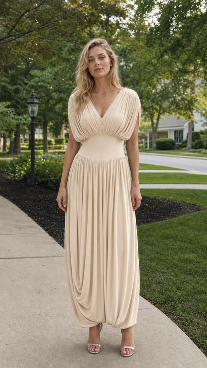 Front view of Champagne pleated maxi dress