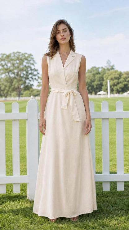 Model wearing cream sleeveless lapel maxi dress
