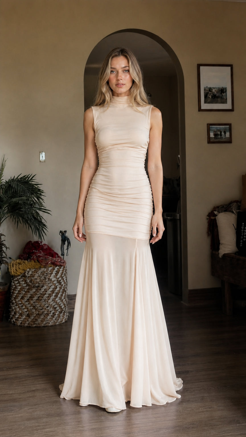 Model wearing champagne high neck ruched mermaid dress