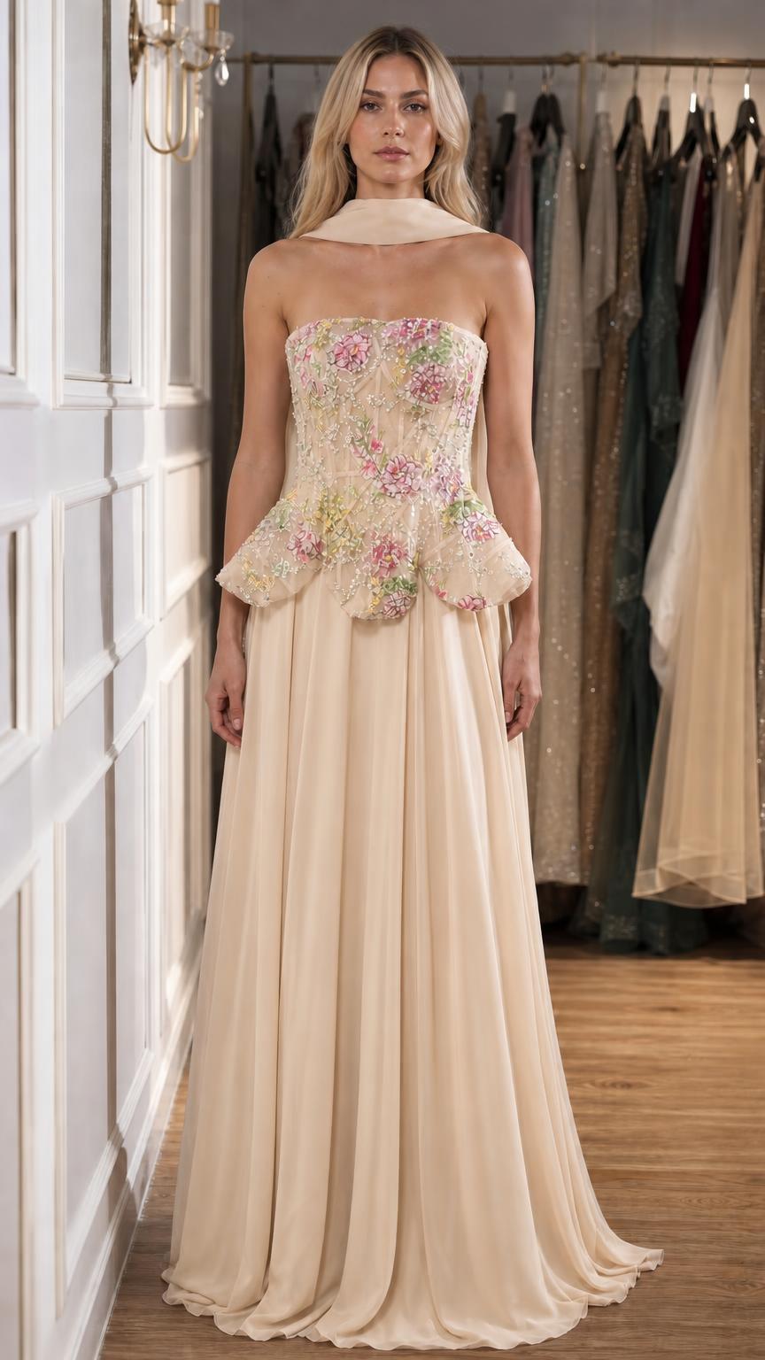 Champagne color variant of the strapless floral peplum gown