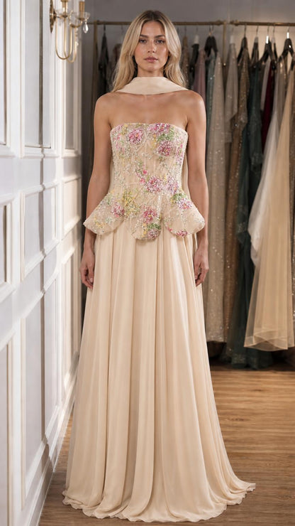 Champagne color variant of the strapless floral peplum gown
