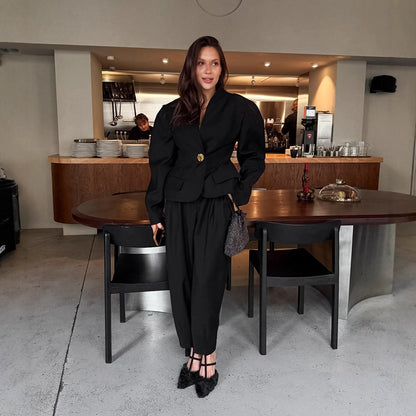 Elegant Puff-Sleeve Blazer And Pants Black Suit Set