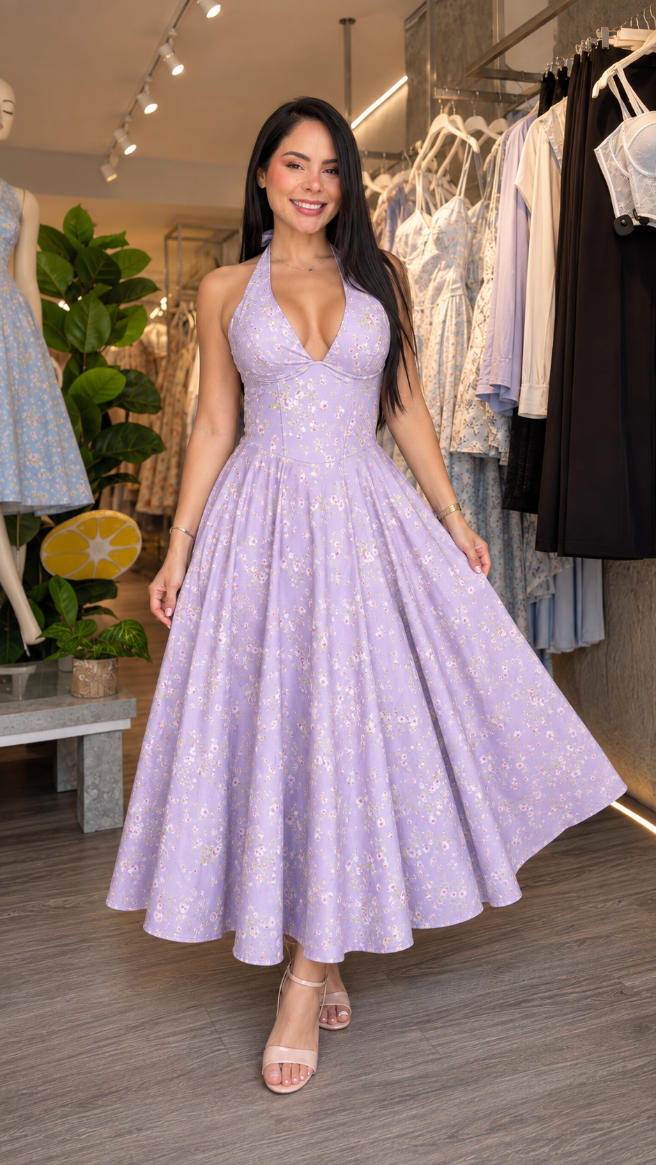 Woman wearing lavender floral halter midi dress