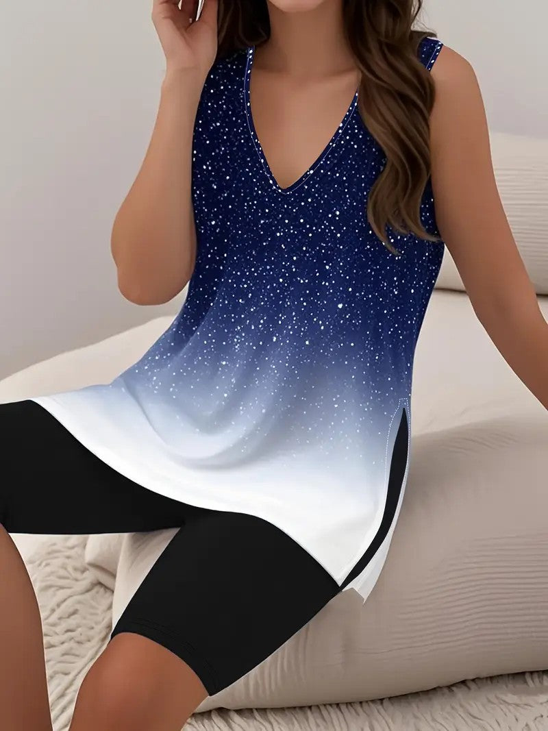 Womens Sleeveless V-Neck Tank Top And Shorts Set With 3D Print