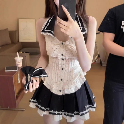 Korean-style Sweet Preppy Set Color-Block Off-Shoulder Top With Bow Detail