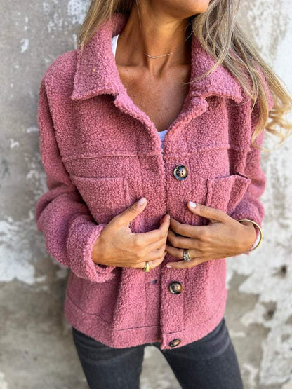 Women's Lamb Wool Coat Winter Lapel Single Breasted Jacket Outwear Warm Cropped Tops Clothing