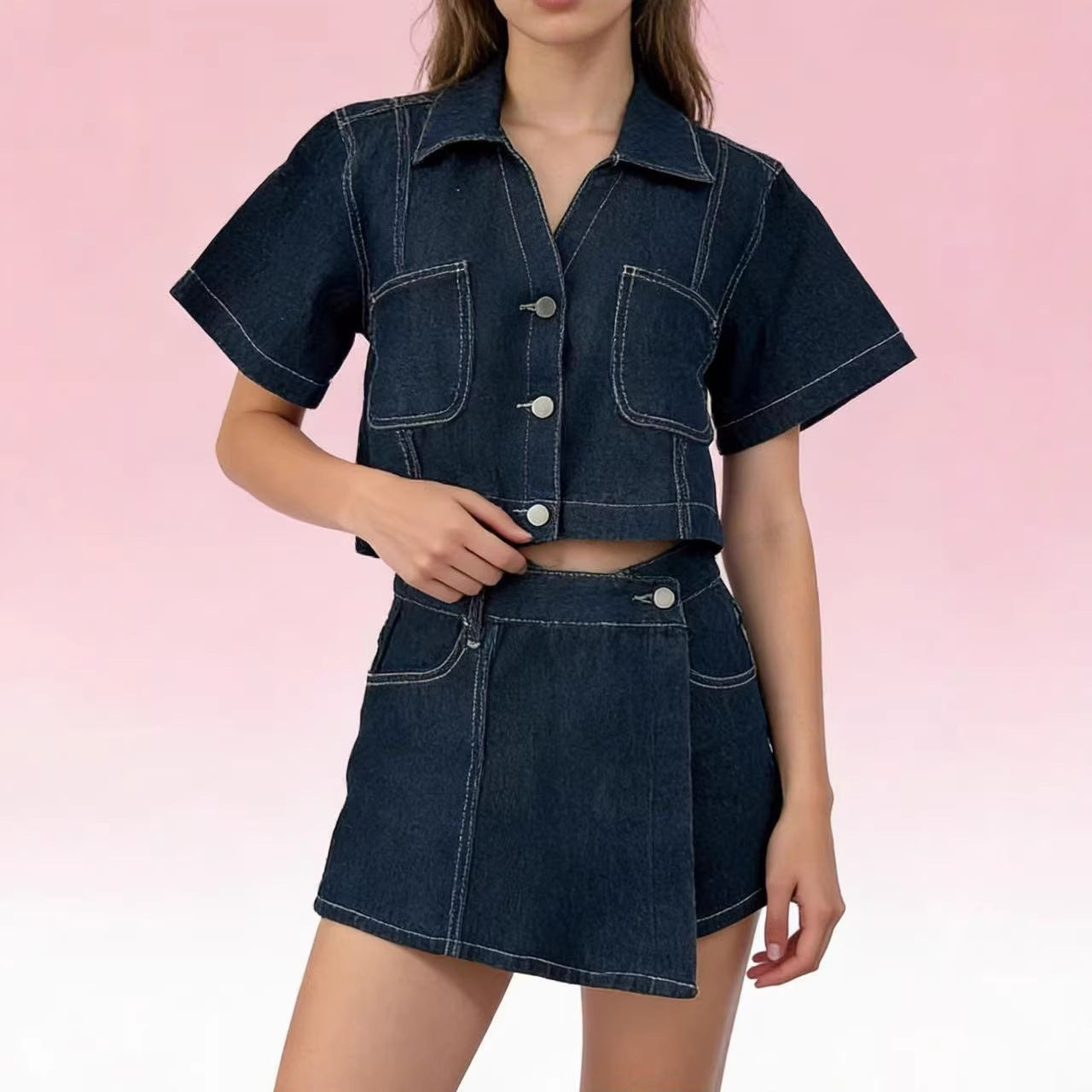 Denim Shirt And Skort Set Stylish Two-Piece Summer Loose And Comfortable Denim Outfit