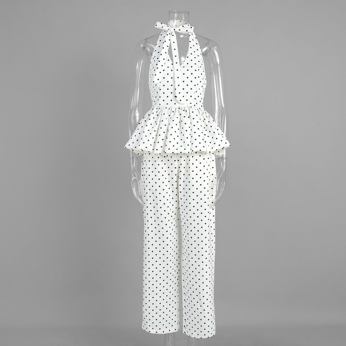 Polka-dot Print Elegant Halterneck Jumpsuit With Wide-leg Pants Set
